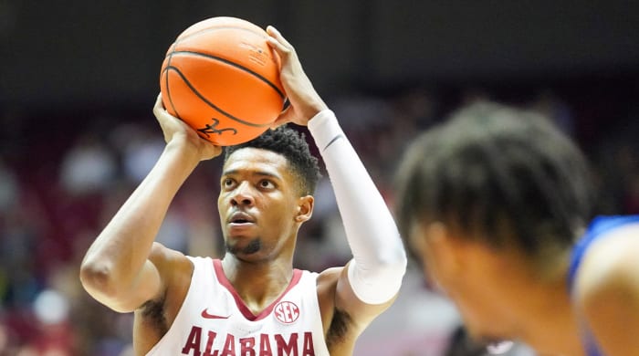Feb 8, 2023; Tuscaloosa, Alabama, USA; Alabama Crimson Tide forward Brandon Miller (24) shoots against the Florida Gators during the second half at Coleman Coliseum.